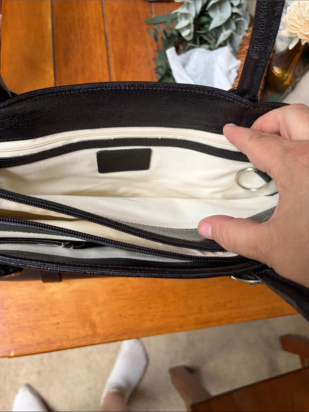 Franklin Covey Black Leather-Look Laptop Tote with Silver Hardware